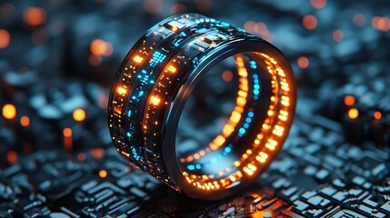 Cybernetic Ring: Futuristic ring with glowing circuits, showcasing advanced technology and digital artistry. The ring rests on a complex technological backdrop, emphasizing its innovative design.