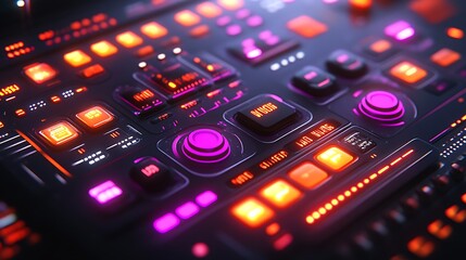 Cyberpunk Control Panel: Close-up of a futuristic, glowing control panel with an array of buttons, knobs, and screens in vibrant neon orange and purple hues.