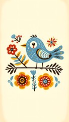 Obraz premium Simple folk style illustration of a bluebird with red and yellow flowers