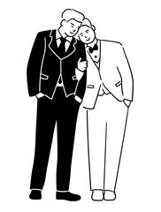 Gay couple, man is leaning his shoulder against his lover's, smiling happily vector