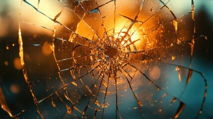 Broken mirror reflecting a warm sunset glow with intricate patterns and shards of glass creating a captivating visual effect in a tranquil setting