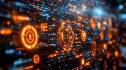 Digital Network Abstract: An abstract representation of digital data flowing through a complex network, with glowing orange and blue lines, circles, and a futuristic aesthetic. 
