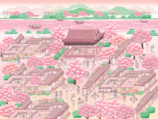 벚꽃이 만발한 계절의 전통적인 한국의 마을과 사람들에 대한 벡터 일러스트레이션	