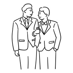 Gay couple wedding, man is wrapping his arm around his lover and looking at them affectionately