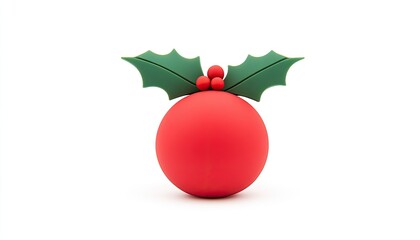 Bright red Christmas ornament with holly leaves and berries, isolated on a white background