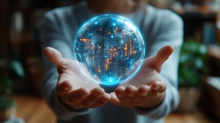 Fototapeta premium Envisioning the Future: A pair of hands gently cradles a luminous blue orb, radiating an ethereal glow, symbolizing innovation, technology, and the boundless potential of tomorrow.