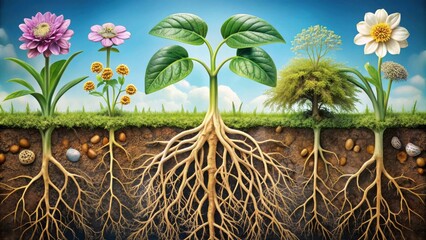A Cross-Section Revealing the Underground Root Systems of Diverse Plants in a Vibrant Garden Setting