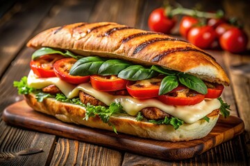 A close-up of a delicious grilled chicken mozzarella melt on artisan bread.  Perfect for lunch or dinner. Summertime treat.
