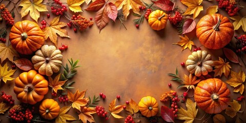 Fototapeta premium Autumnal Harvest Frame Vibrant Fall Leaves, Pumpkins, and Berries Arranged in a Decorative Border