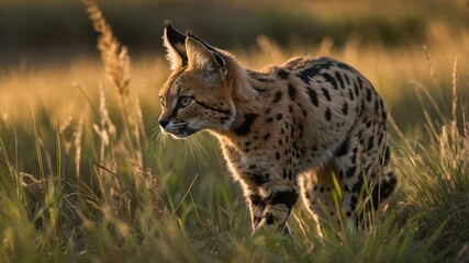 A serval cat prowls through tall grass, illuminated by warm sunlight.