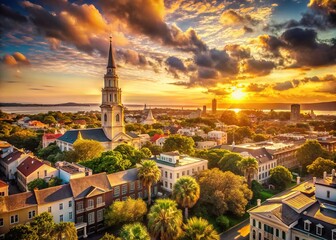 Fototapeta premium Aerial view of the Charleston, SC skyline, rich in history and beauty.