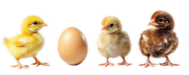 three adorable chicks in various colors?yellow. light brown. and dark brown?surrounding a single egg the setting is bright and clean. emphasizing the themes of new life and growth in nature