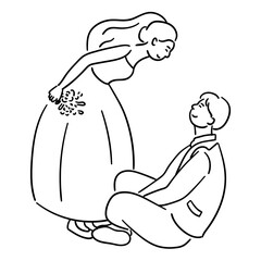 Bride is bending down, looking at the groom who is sitting, cute wedding couple