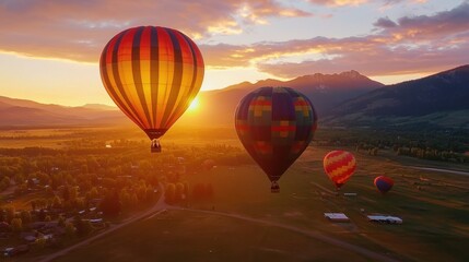 Obraz premium Vibrant Hot Air Balloons Soaring Over Majestic Mountain Landscape at Dazzling Sunset