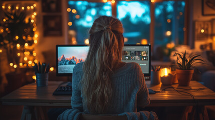 A remote worker joining a video conference call in a cozy home office setup. Bright lighting, contrast