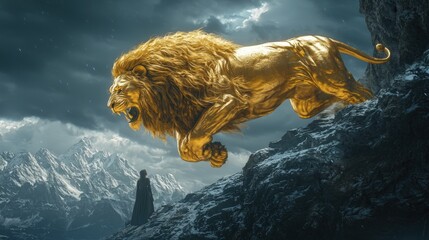 Majestic Golden Lion Leaping from Mountain Peak Under Dramatic Sky with Snow-Capped Mountains in Background