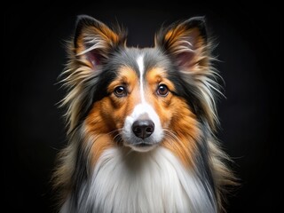Black background highlights Sheltie's fur. Food-photography style portrait.
