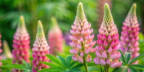 Close-up view of delicate pink lupine blossoms in a vibrant garden setting