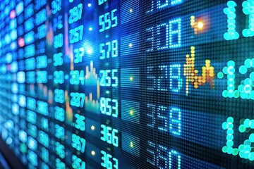 Fototapeta premium Blue-teal financial data on a digital display.