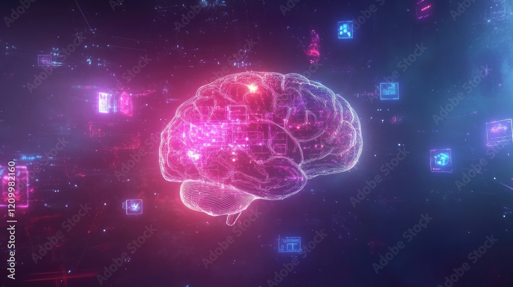 Poster abstract digital brain surrounded by floating ai and tech-related icons on a glowing background.