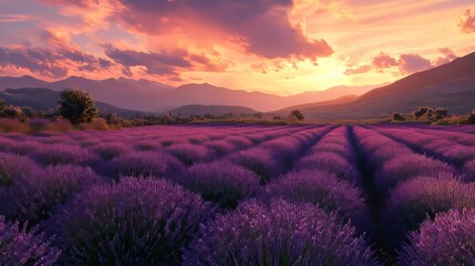 Obraz premium Close-up of lavender fields at sunset, soft warm light, peaceful and inviting, highly detailed, calm and natural, warm and vibrant, tranquil and beautiful atmosphere
