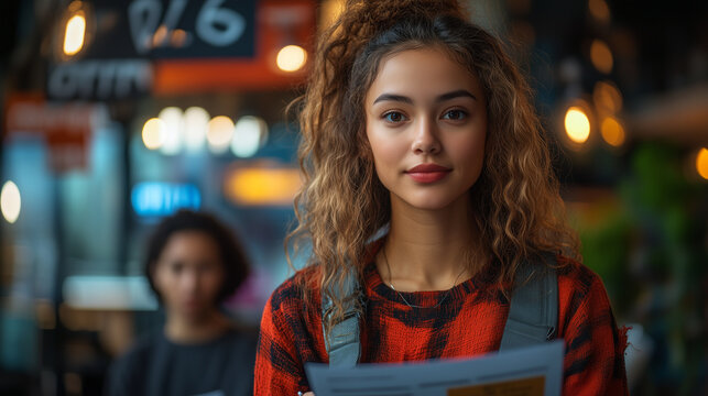 A manager reviewing performance reports with a team member in an open-plan office. Bright lighting, contrast
