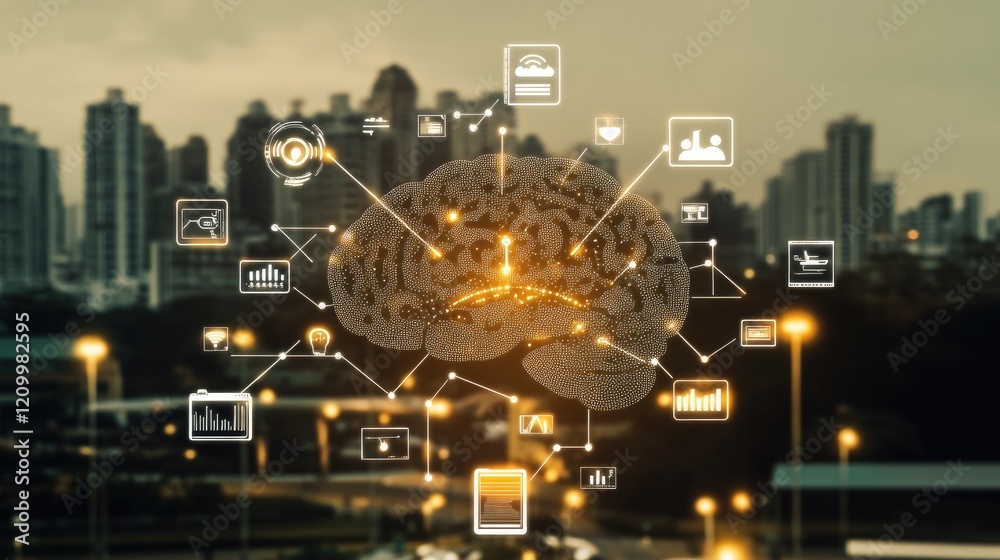 Poster abstract digital brain surrounded by floating ai and tech-related icons on a glowing background.