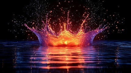 Liquid Fire: A vibrant splash of water explodes into a breathtaking crown of color, the fiery orange glow reflecting against the dark surface of the liquid, a captivating interplay of light and form.
