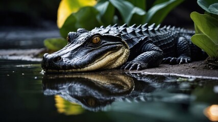 Fototapeta premium A close-up of a crocodile resting by the water, surrounded by lush greenery.