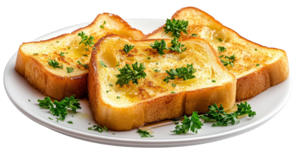 plate of three slices of golden-brown french toast. garnished with fresh parsley and a drizzle of syrup. showcasing a delicious breakfast or brunch option the presentation is inviting. emphasizing the