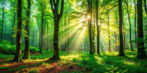 Sunbeams illuminate a verdant forest floor, dappled light filtering through the leaves of tall trees