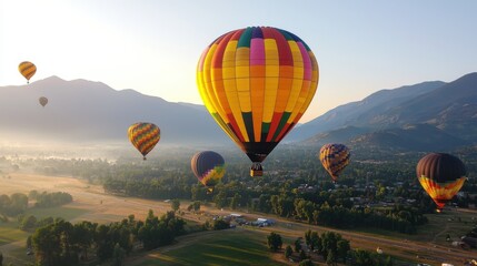 Fototapeta premium Breathtaking Hot Air Balloon Adventure Over Majestic Mountain Landscape at Picturesque Sunrise