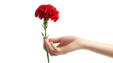 a hand gently holds a single red carnation flower against a white background. symbolizing beauty and affection a moment of tenderness and appreciation. often associated with love or remembrance