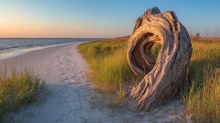 Coastal sunset, driftwood arch, beach path, tranquil scene, nature photography
