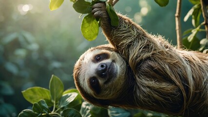 Fototapeta premium A sloth hanging from a branch, surrounded by lush green leaves in a tranquil setting.