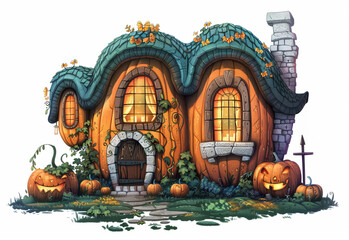 Obraz premium Enchanting pumpkin house in a whimsical fantasy setting during autumn