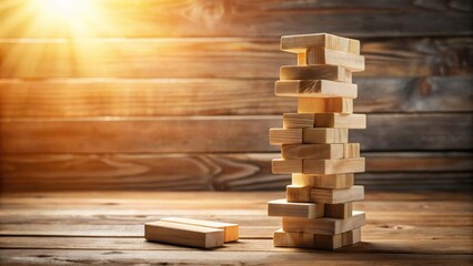 A Precarious Stack of Wooden Blocks on a Rustic Tabletop, Illuminated by Warm Sunlight