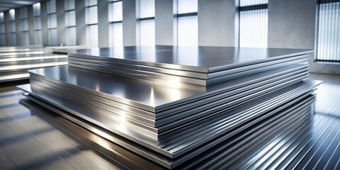 Obraz premium Precisely Stacked Metal Sheets in a Modern Warehouse