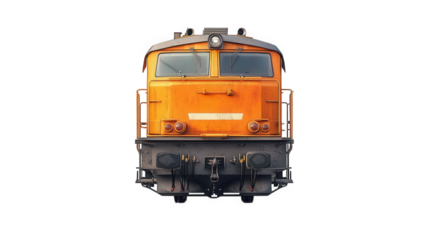 front view of an orange diesel locomotive positioned on railway tracks against a plain background the design highlights the locomotive's details. including windows. lights. and structural elements. em
