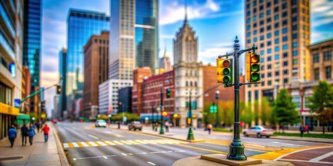Detroit's Woodward Avenue:  Tilt-shift view of a bustling crosswalk.