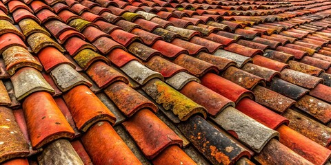 Fototapeta premium Detailed view of a medieval structure's aged red roof tiles.