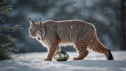 Obraz premium A lynx stands in the snow next to a decorated egg, creating a whimsical winter scene.
