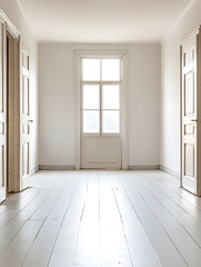 Fototapeta premium Bright minimalist interior with white wooden floors and vintage doors in sunlight : Generative AI