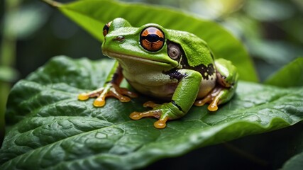 Obraz premium A vibrant green frog resting on a leaf in a lush environment.