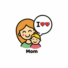STICKER DESIGN Of an illustration of a smiling mom and child surrounded by hearts 