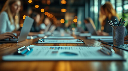 Workers engaged in a strategic planning session with laptops and documents. Bright lighting, contrast