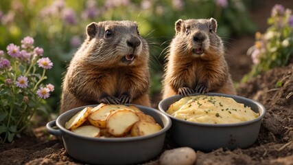 Two groundhogs sit beside bowls of food in a garden setting.