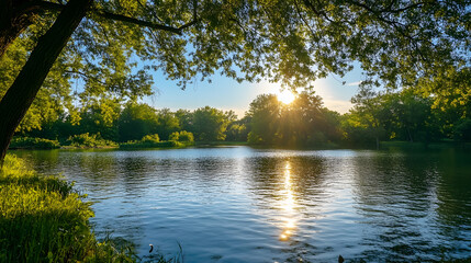 Fototapeta premium Peaceful Lakeside Scenery with Sunlight Streaming Through Trees : Generative AI