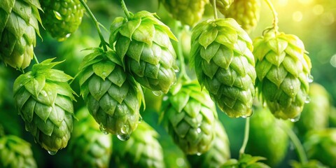 Fototapeta premium Close-up view of vibrant green hops cones glistening with morning dew, showcasing the intricate details of their leaf structure