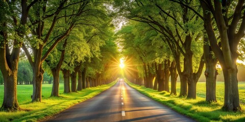 Fototapeta premium Asphalt road lined with lush green trees at sunrise